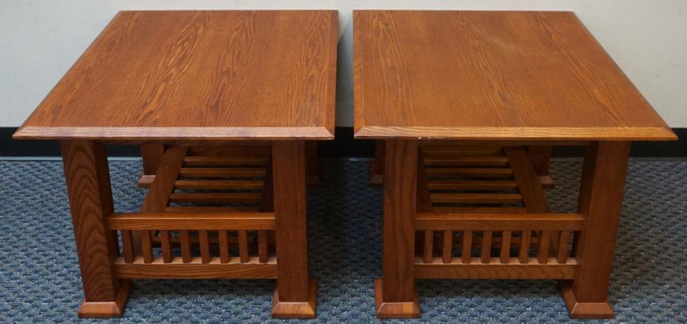 PAIR MISSION STYLE OAK SIDE TABLES,