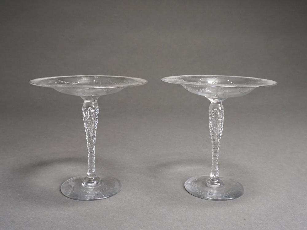 PAIR ETCHED CRYSTAL COMPOTES, POSSIBLY