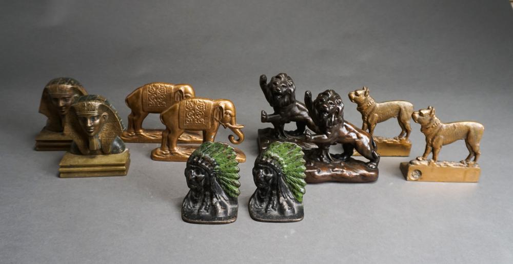 FIVE PAIRS BRONZE, IRON AND OTHER BOOKENDS