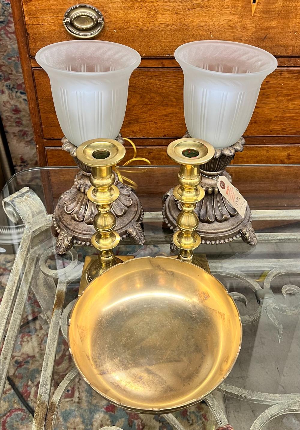 BRASS BOWL, PAIR OF BRASS CANDLESTICKS