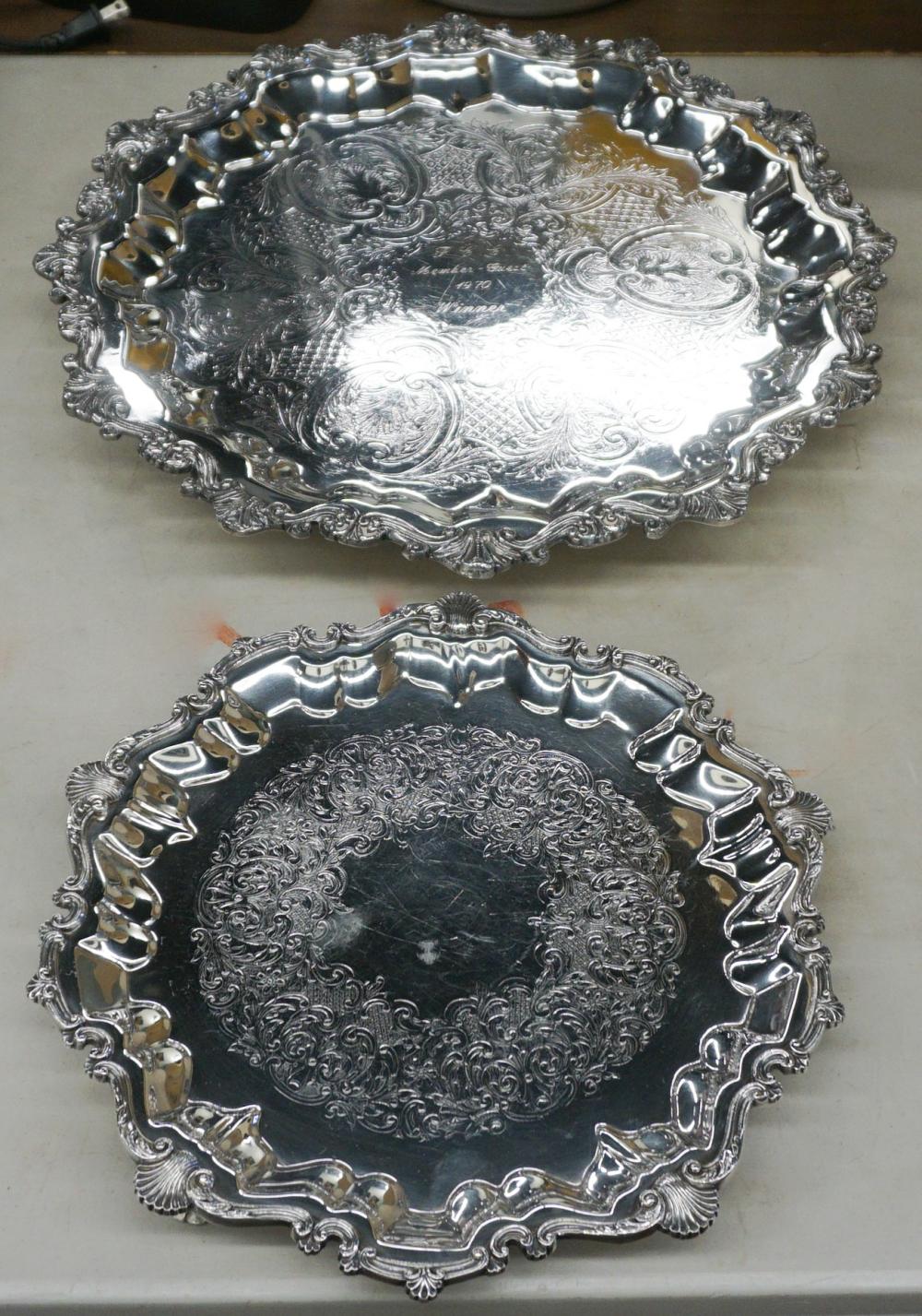 TWO ENGLISH SILVER ON COPPER SALVERS,