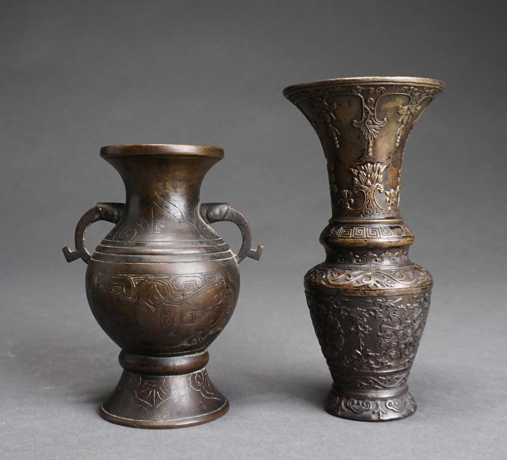 TWO CHINESE PATINATED BRONZE VASES,