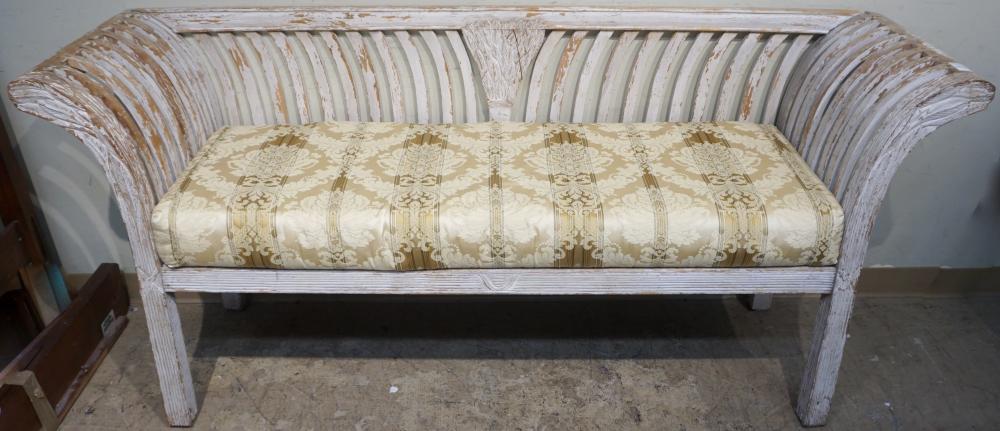 DISTRESSED PAINTED WOOD SETTEE,