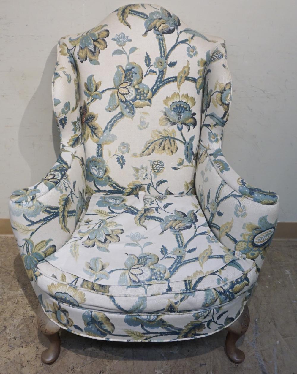 QUEEN ANNE STYLE FLORAL UPHOLSTERED