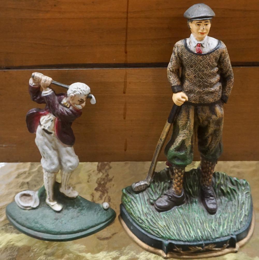 TWO CAST METAL FIGURES OF GOLFERS,
