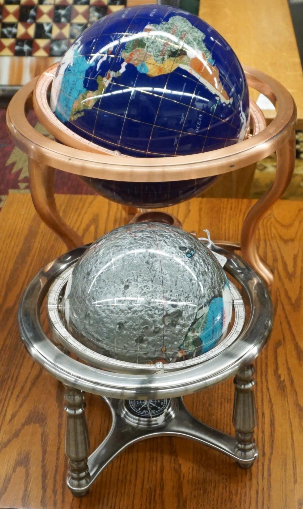 TWO INSET STONE GLOBE DESK ORNAMENTS,