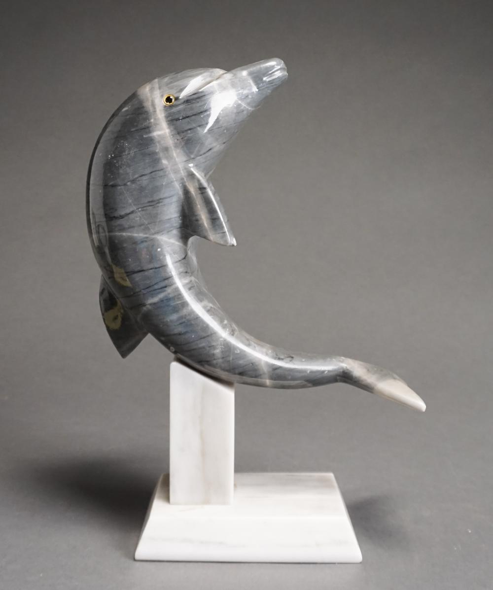 GRAY MARBLE FIGURE OF DOLPHIN ON