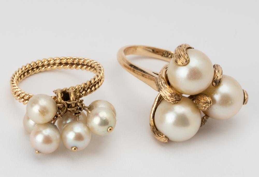 TWO YELLOW GOLD & CULTURED PEARL