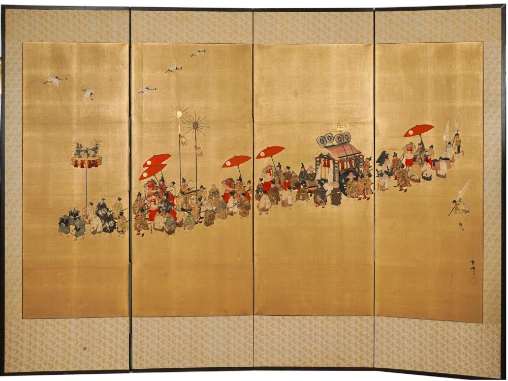 JAPANESE FOUR-PANEL PAINTED PAPER SCREENsigned