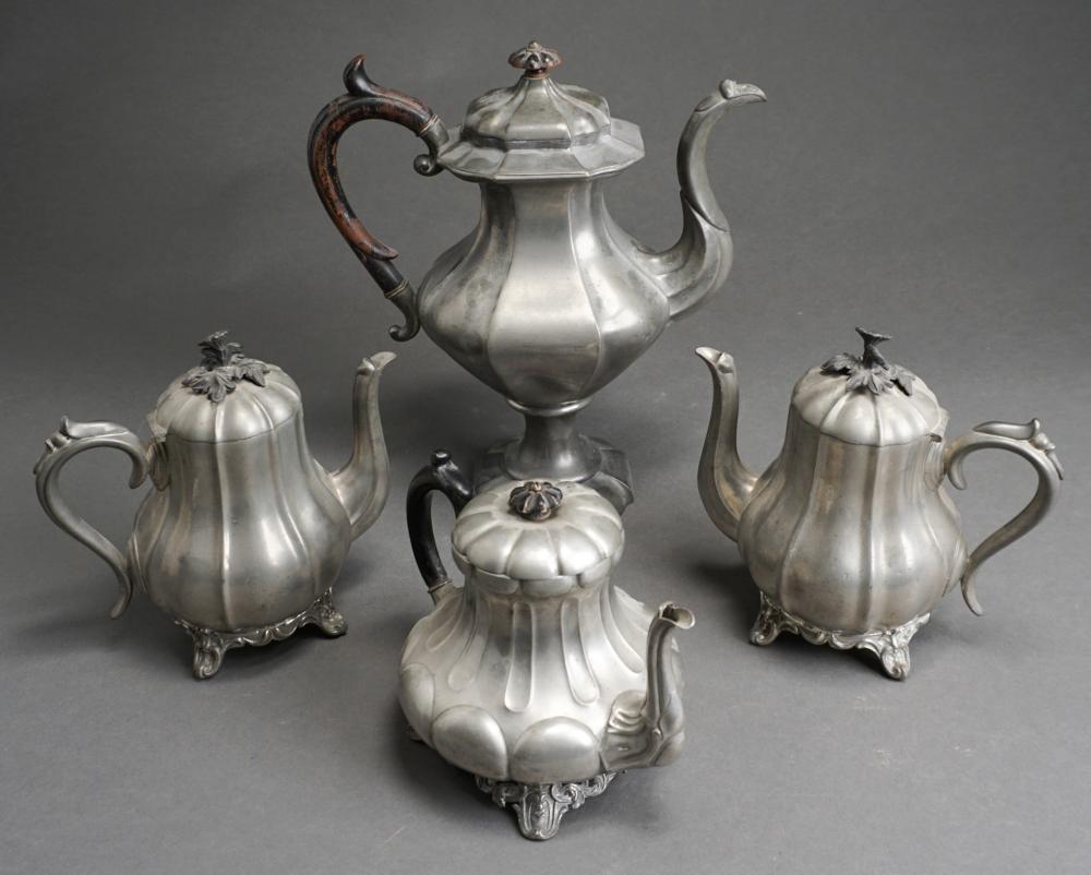 FOUR ASSORTED PEWTER TEAPOTS, MADE