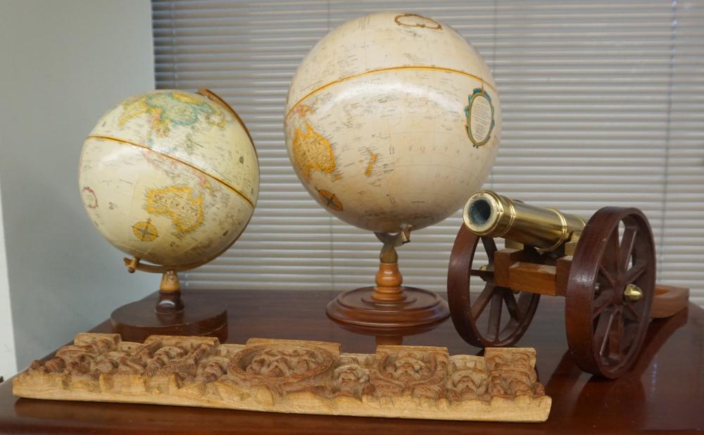GROUP WITH TWO DESK GLOBES, BRASS