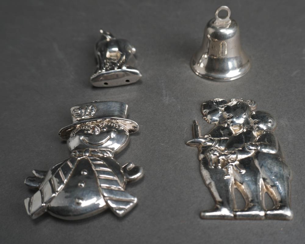 FOUR STERLING SILVER CHRISTMAS ORNAMENTS,