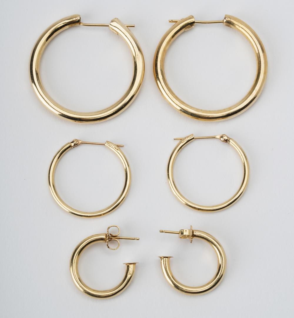 THREE PAIRS OF YELLOW GOLD HOOP 330a46