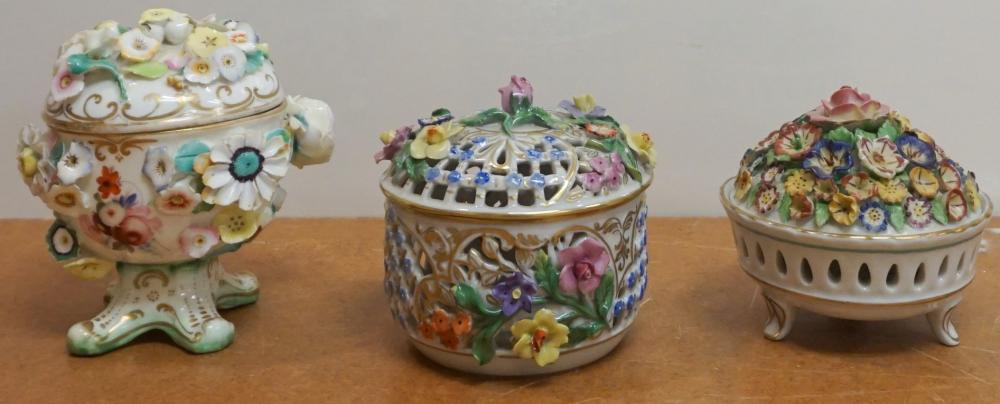 THREE GERMAN FLORAL ENCRUSTED PORCELAIN