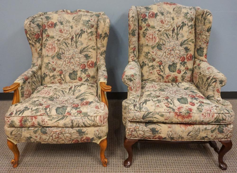 TWO FLORAL UPHOLSTERED WING BACK