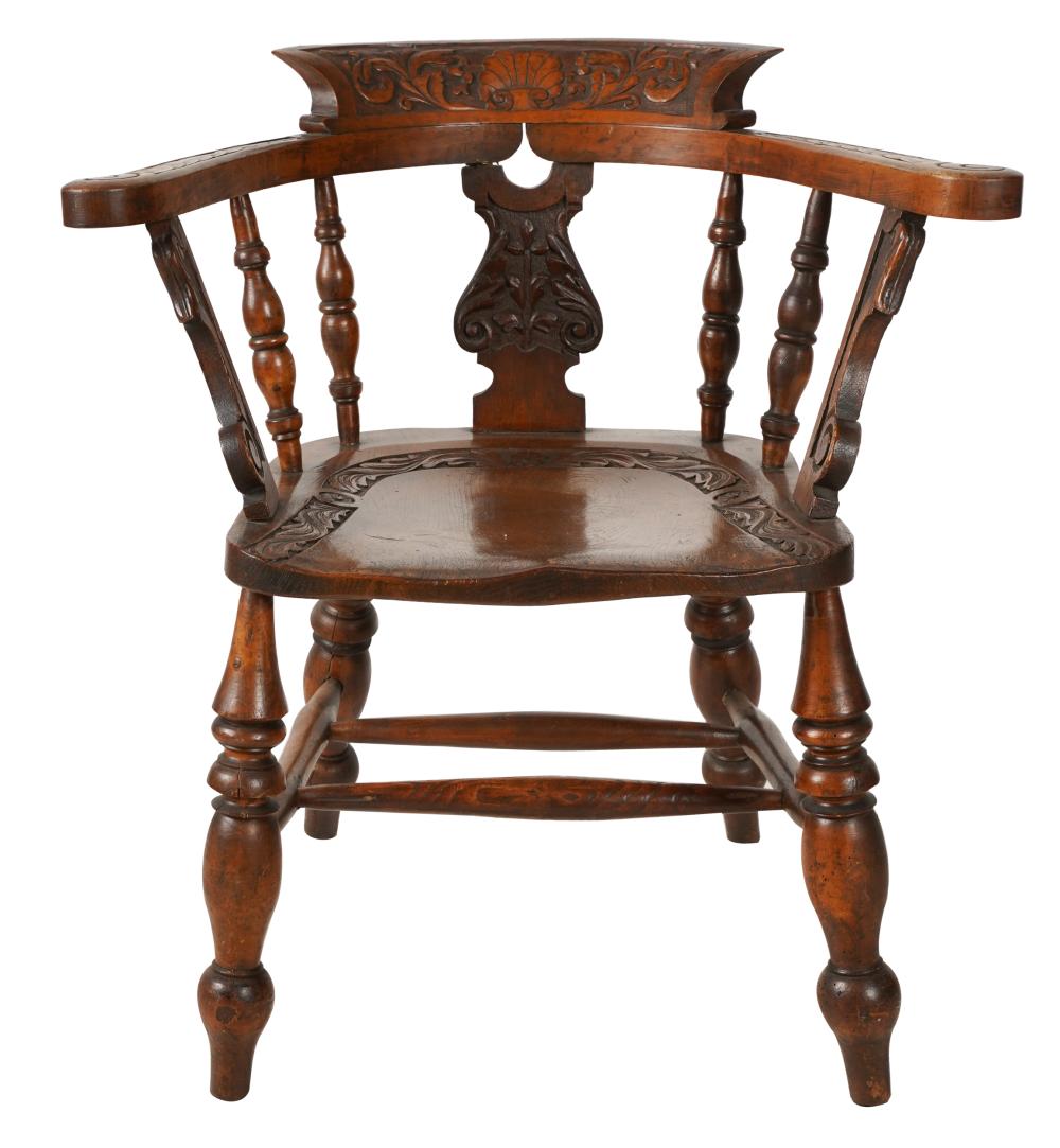 CARVED OAK BARREL-BACK CHAIRthe