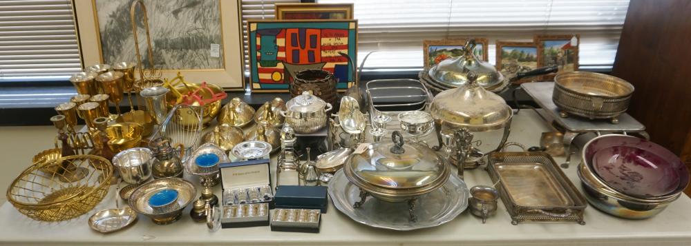 GROUP OF SILVER PLATE, BRASS, AND