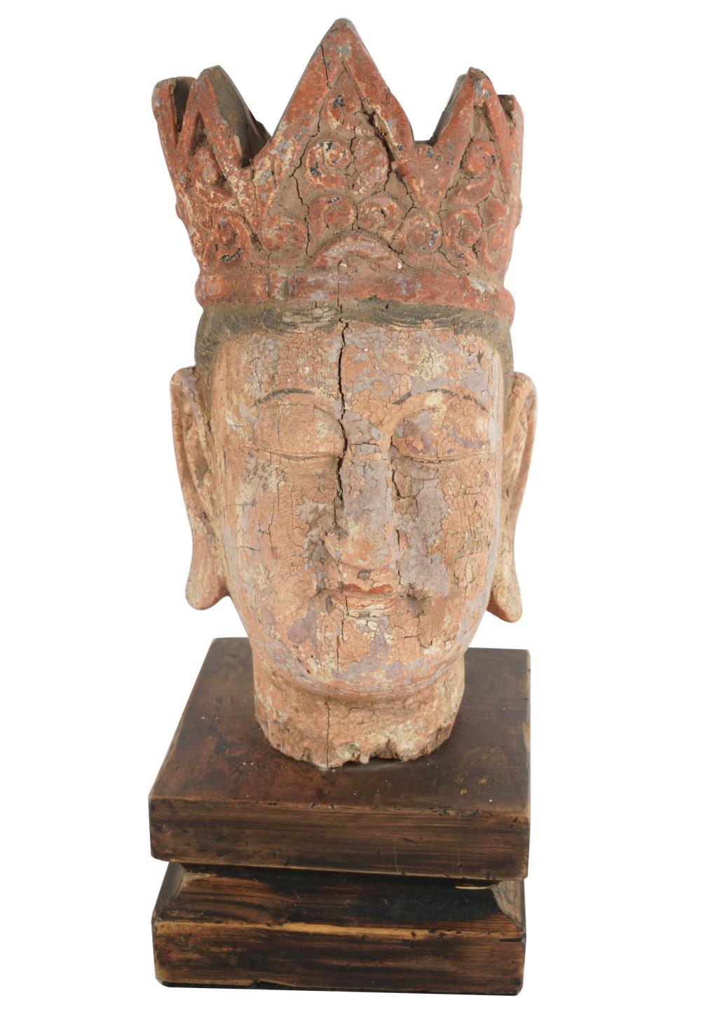 CHINESE PAINTED WOOD HEAD OF BUDDHAmounted