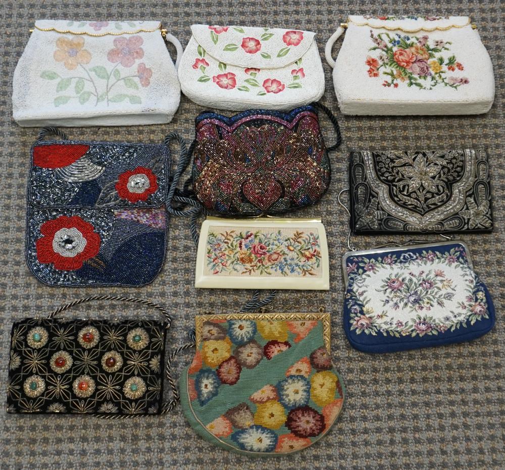 COLLECTION OF TEN BEADED AND PETTIPOINT