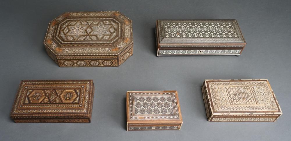 FIVE ASSORTED PERSIAN WOOD MARQUETRY