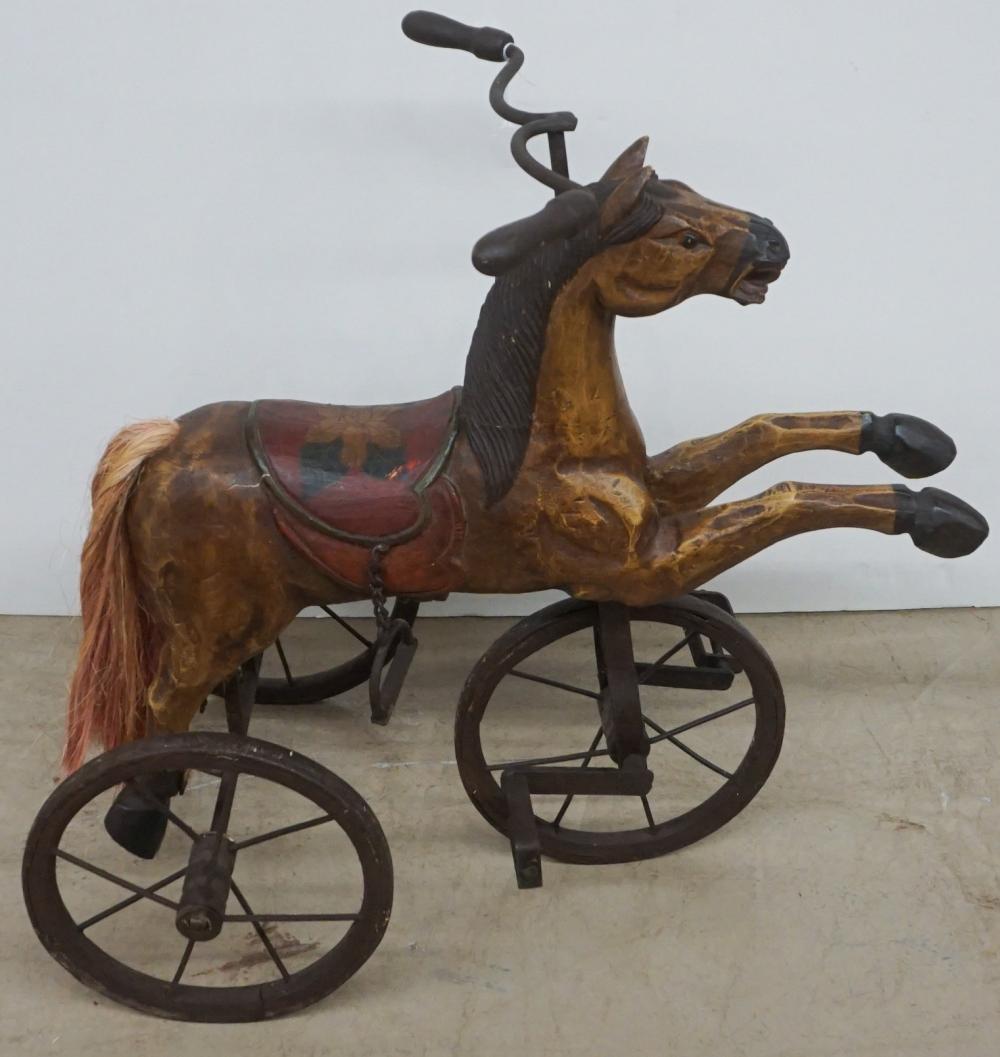 RUSTIC WOOD HORSE-FORM TRICYCLE, H: