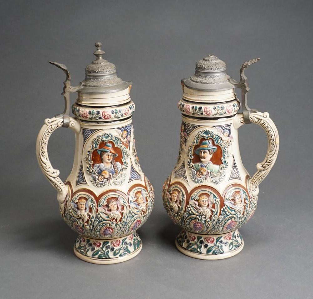 PAIR GERMAN PEWTER MOUNTED POLYCHROME 330f4f