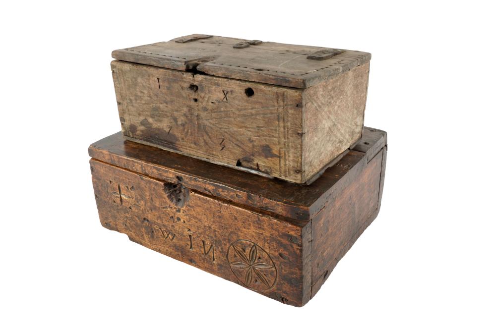 TWO PRIMITIVE CARVED WOOD BOXESoner