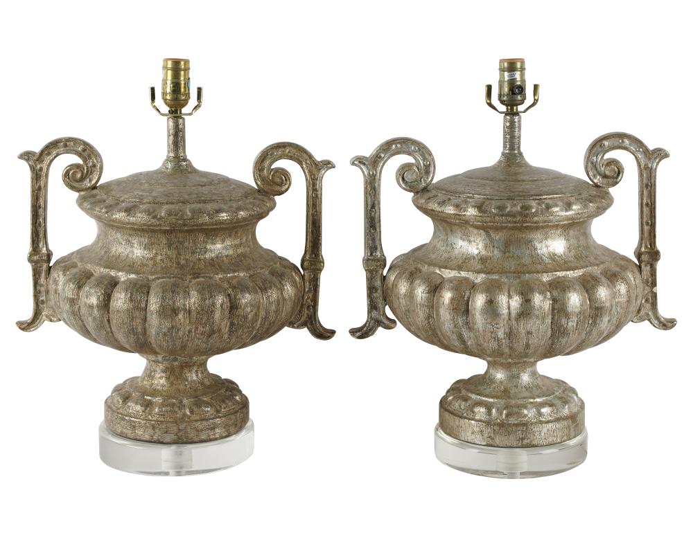 PAIR OF SILVERED WOOD URN-FORM