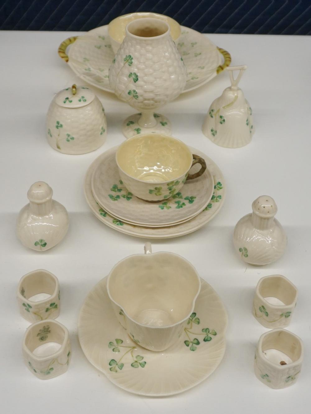 GROUP OF BELLEEK SHAMROCK PATTERN, TABLE