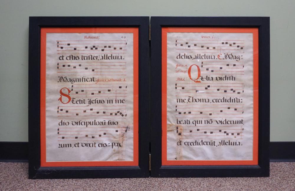 TWO ANTIPHONARY MUSIC SHEETS ON VELLUM,