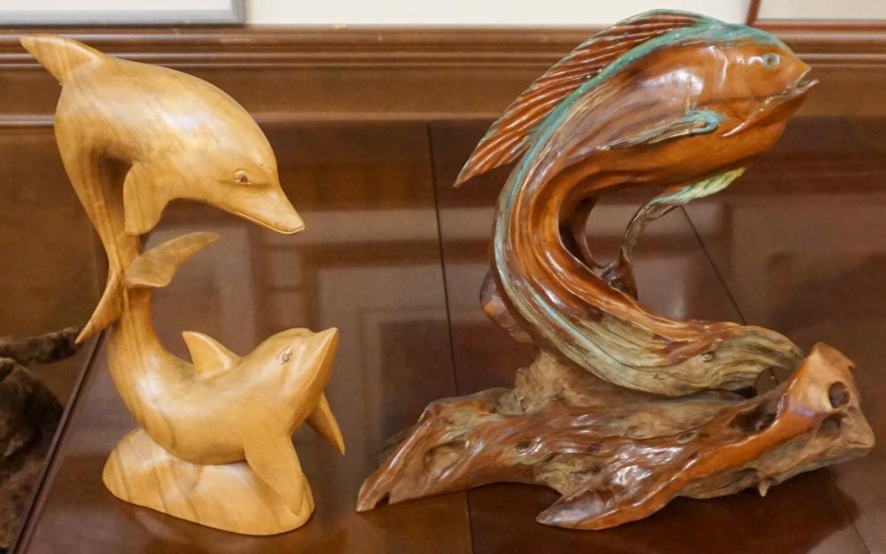 TWO CARVED WOOD FIGURES OF DOLPHINS 331314