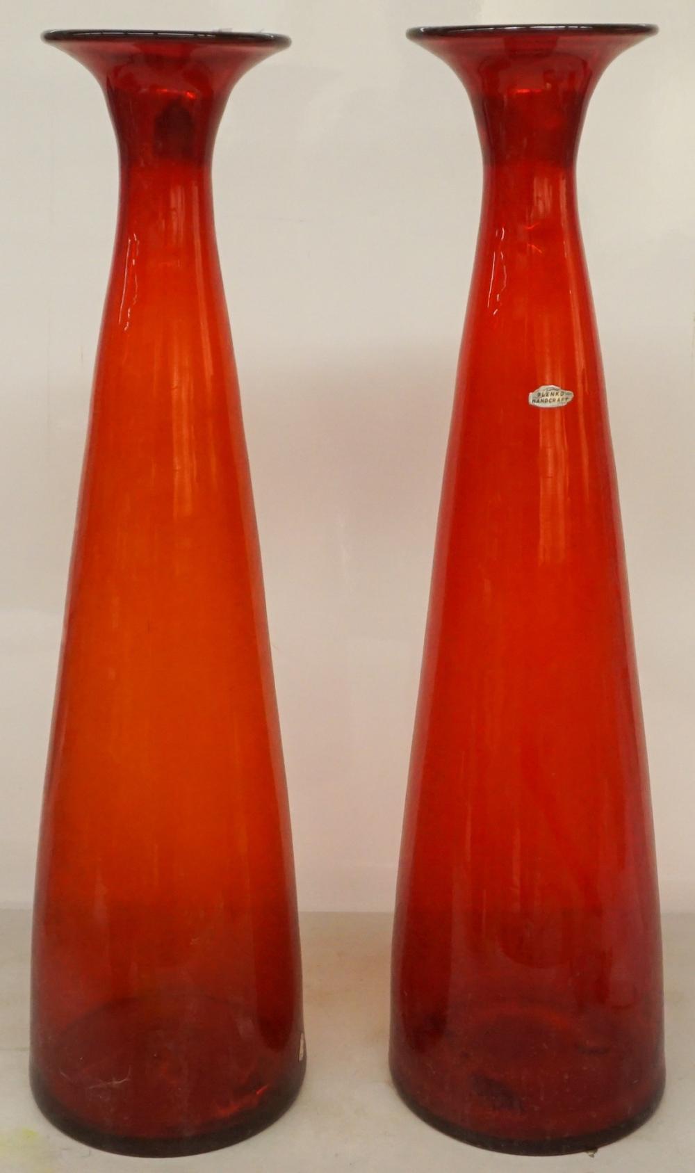 PAIR BLENKO HANDCRAFTED RED GLASS VASES,