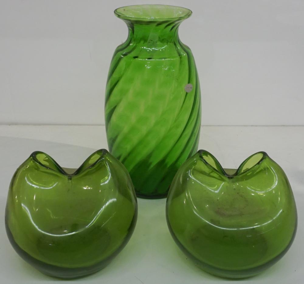 PAIR HAND BLOWN GREEN GLASS PINCHED 331330
