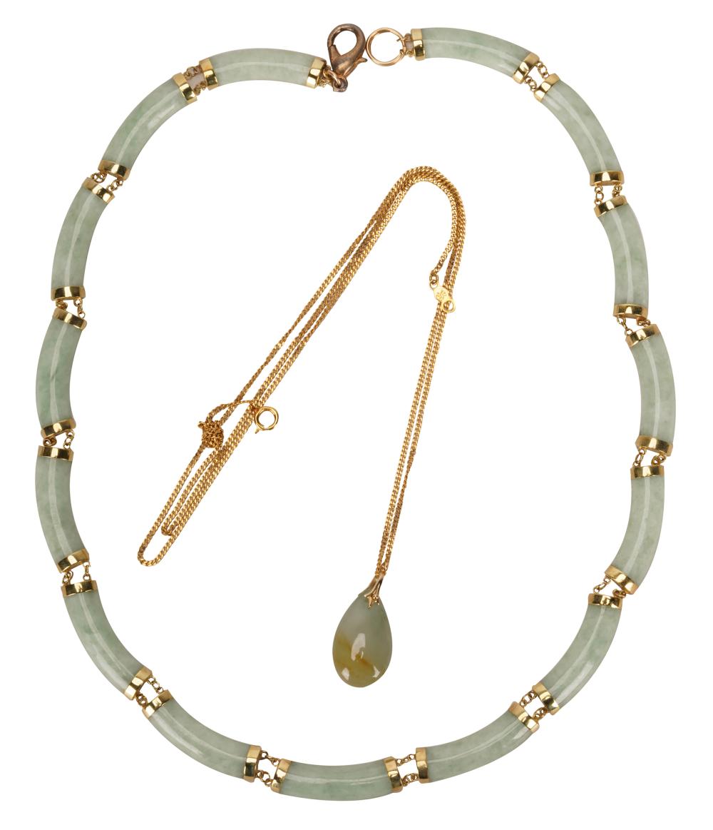 TWO 14 KARAT YELLOW GOLD & JADE