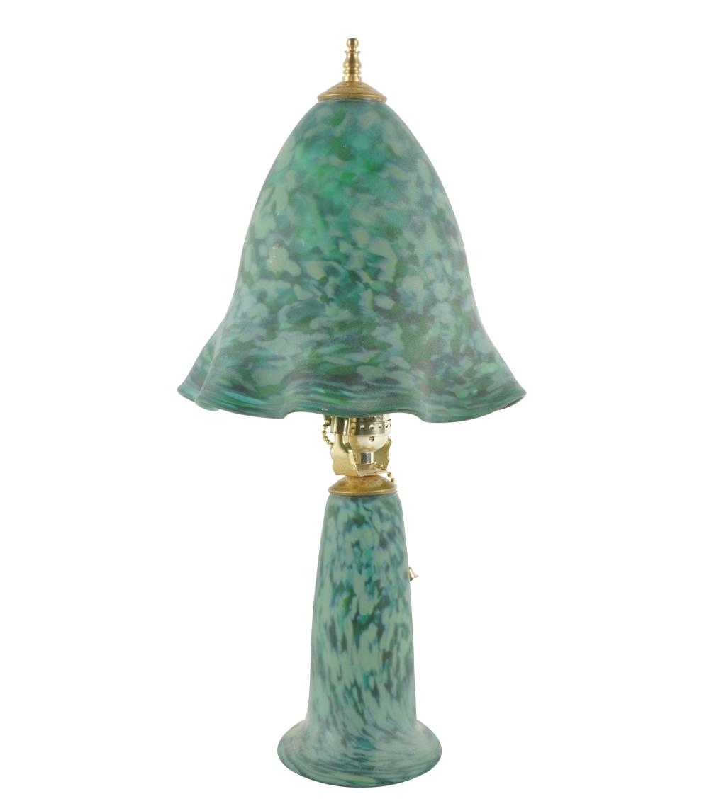 GREEN ART GLASS TABLE LAMPsigned 3314b5