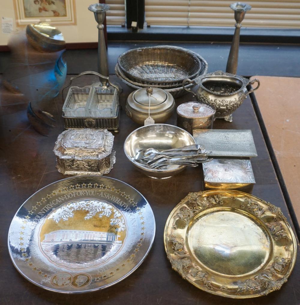 GROUP OF MOSTLY SILVERPLATE TABLE/CABINET