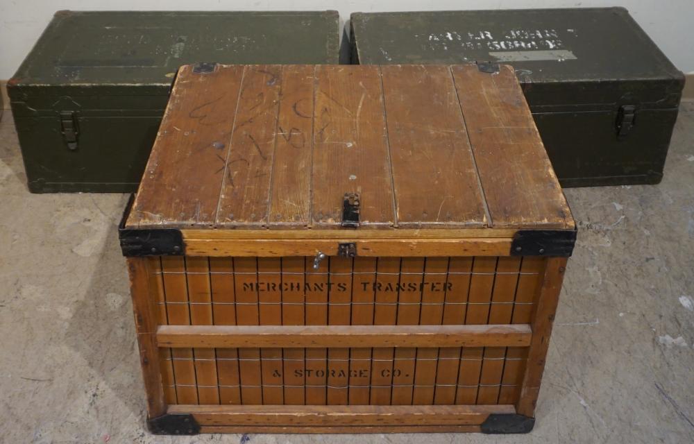 TWO METAL FOOTLOCKERS AND ONE WOOD