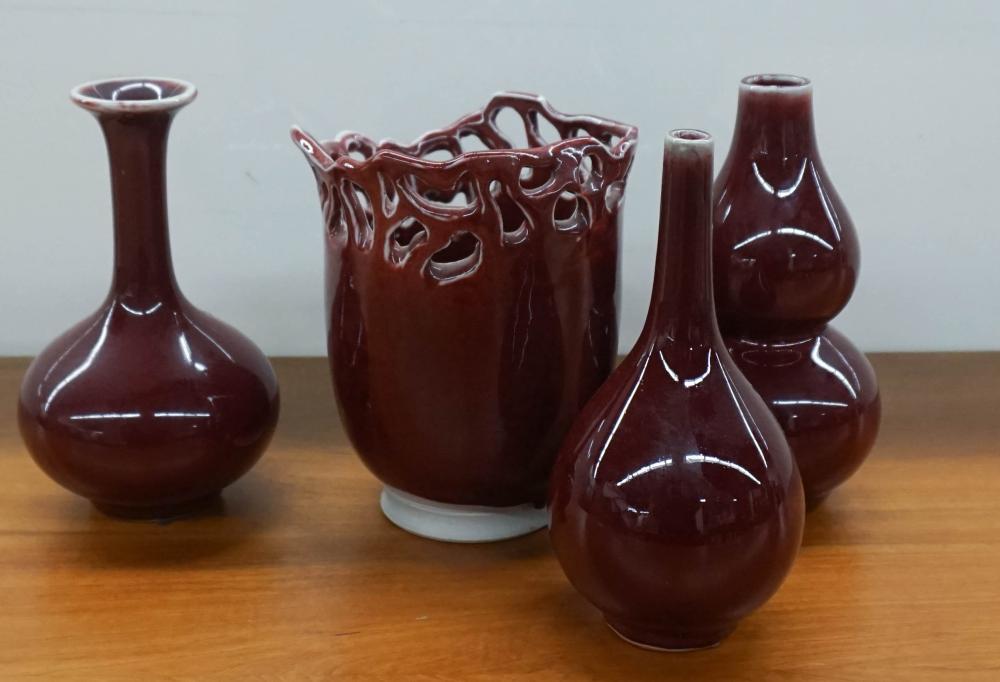 FOUR CHINESE RED GLAZED VASES,