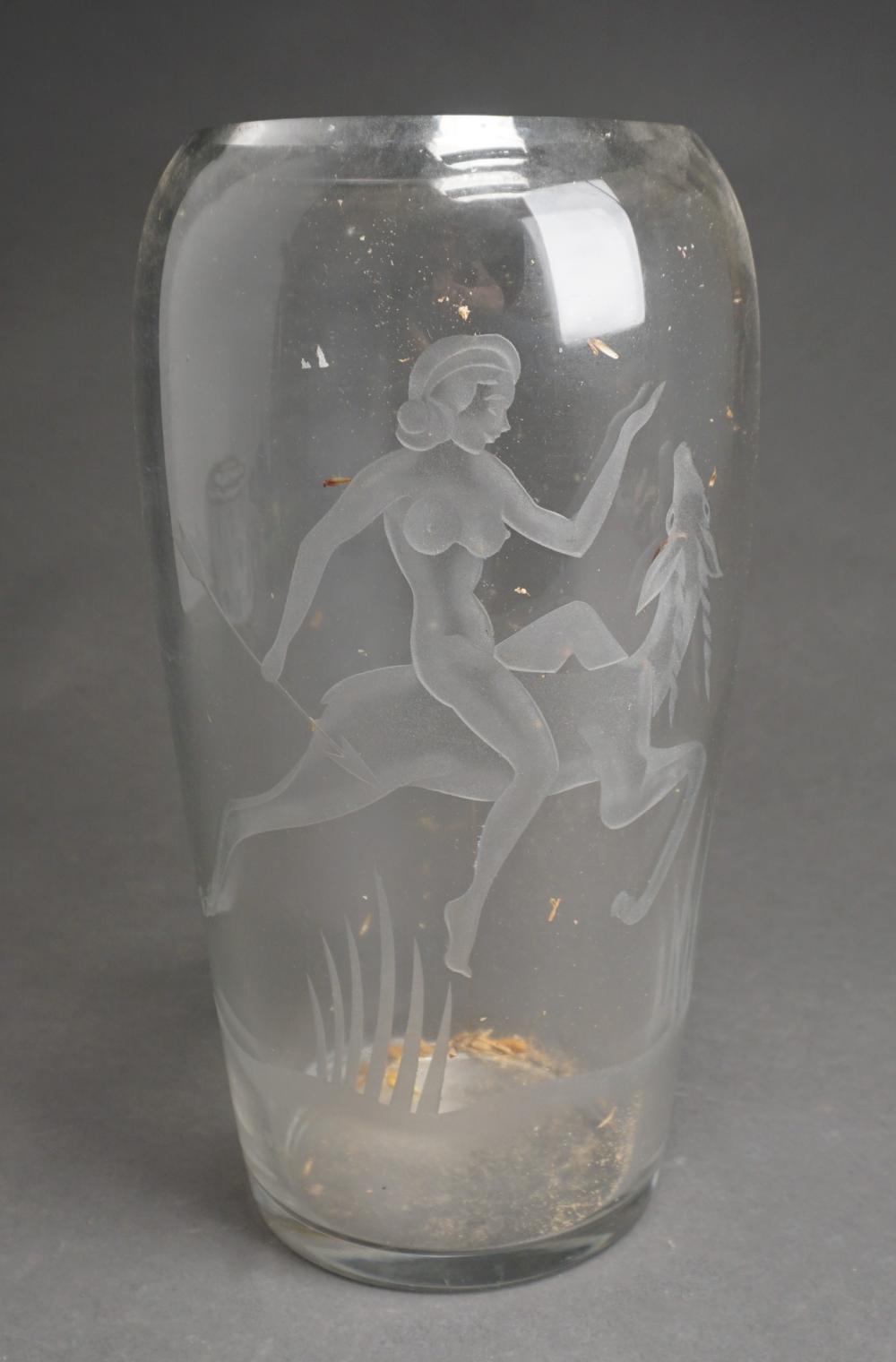 ART DECO ETCHED GLASS VASE, H: