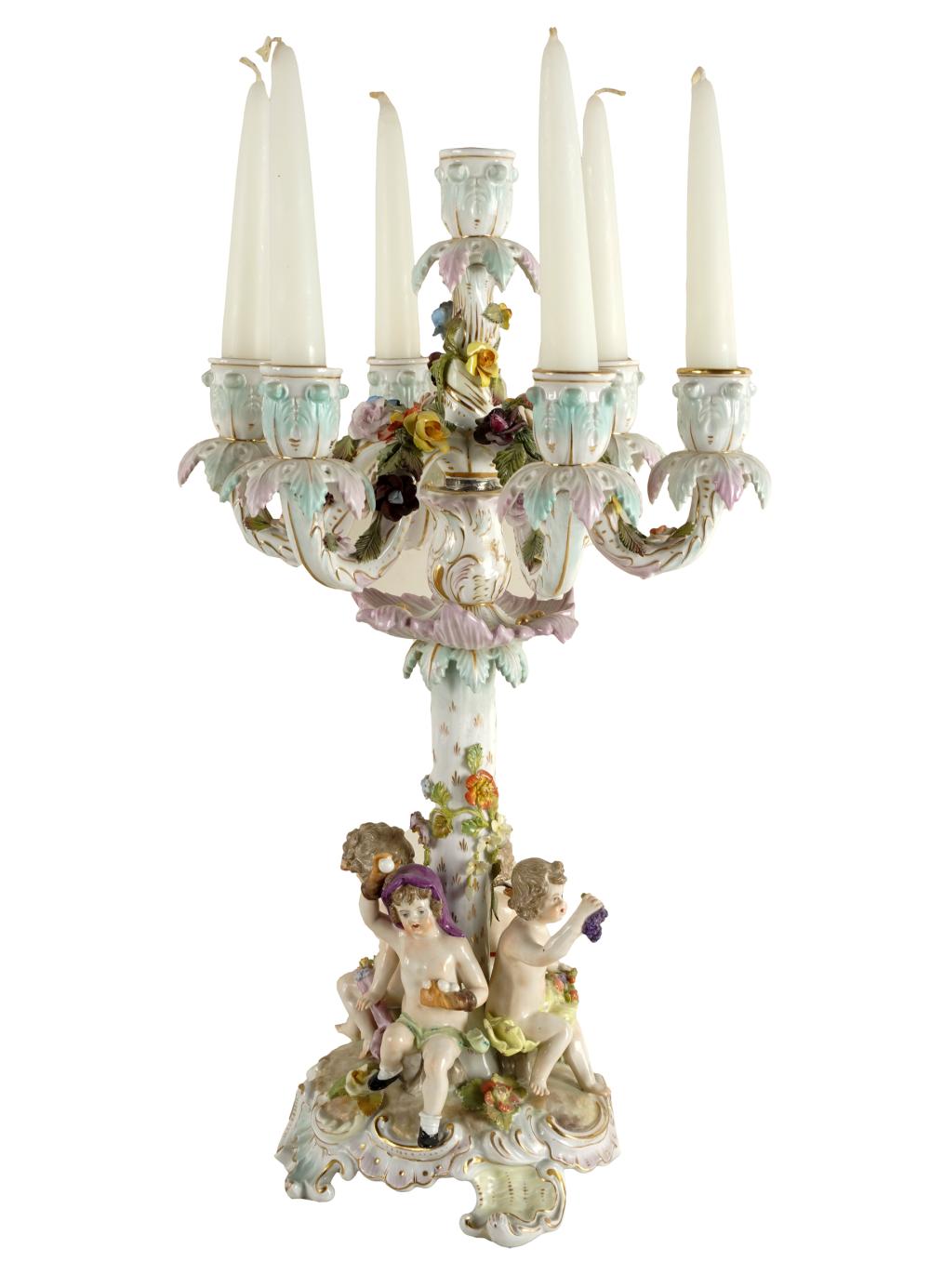 GERMAN PORCELAIN SEVEN-LIGHT CANDELABRUMblue