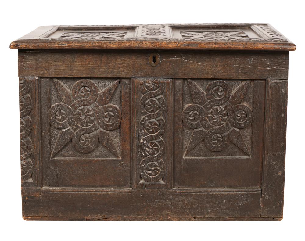 FRENCH CARVED OAK TRUNKthe hinged 33186c