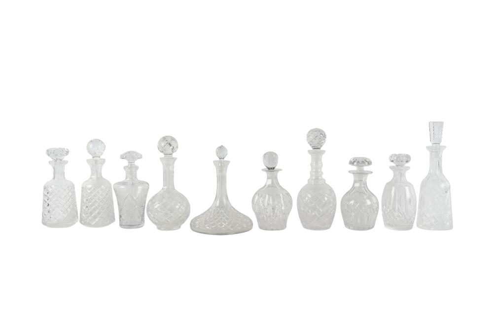 COLLECTION OF TEN CUT-CRYSTAL DECANTERSunsigned;