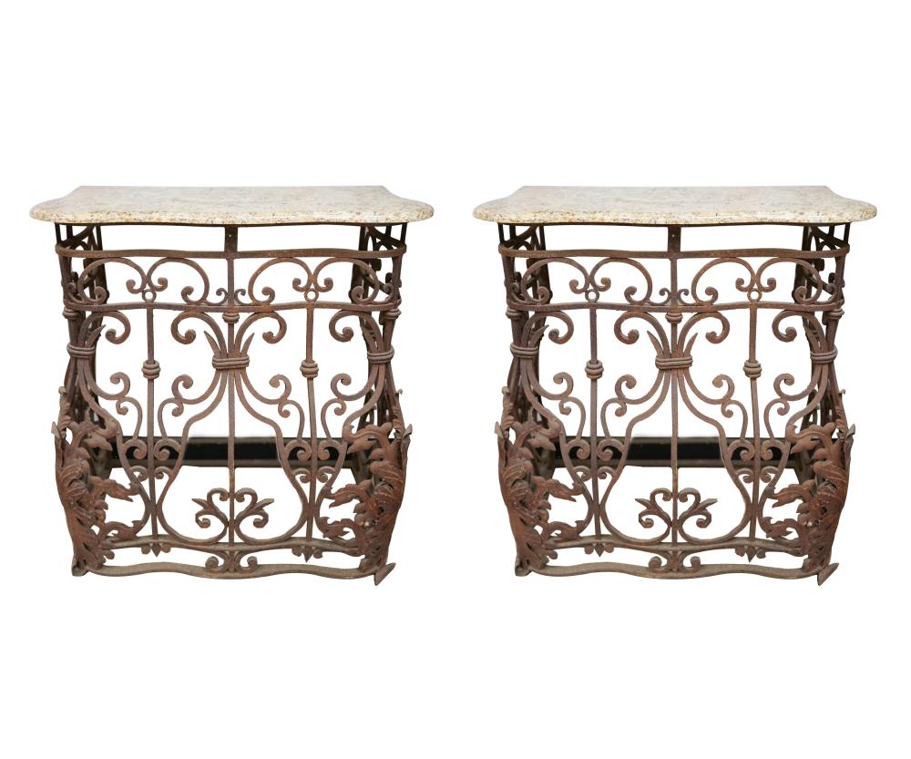 PAIR OF IRON & MARBLE CONSOLE TABLES20th