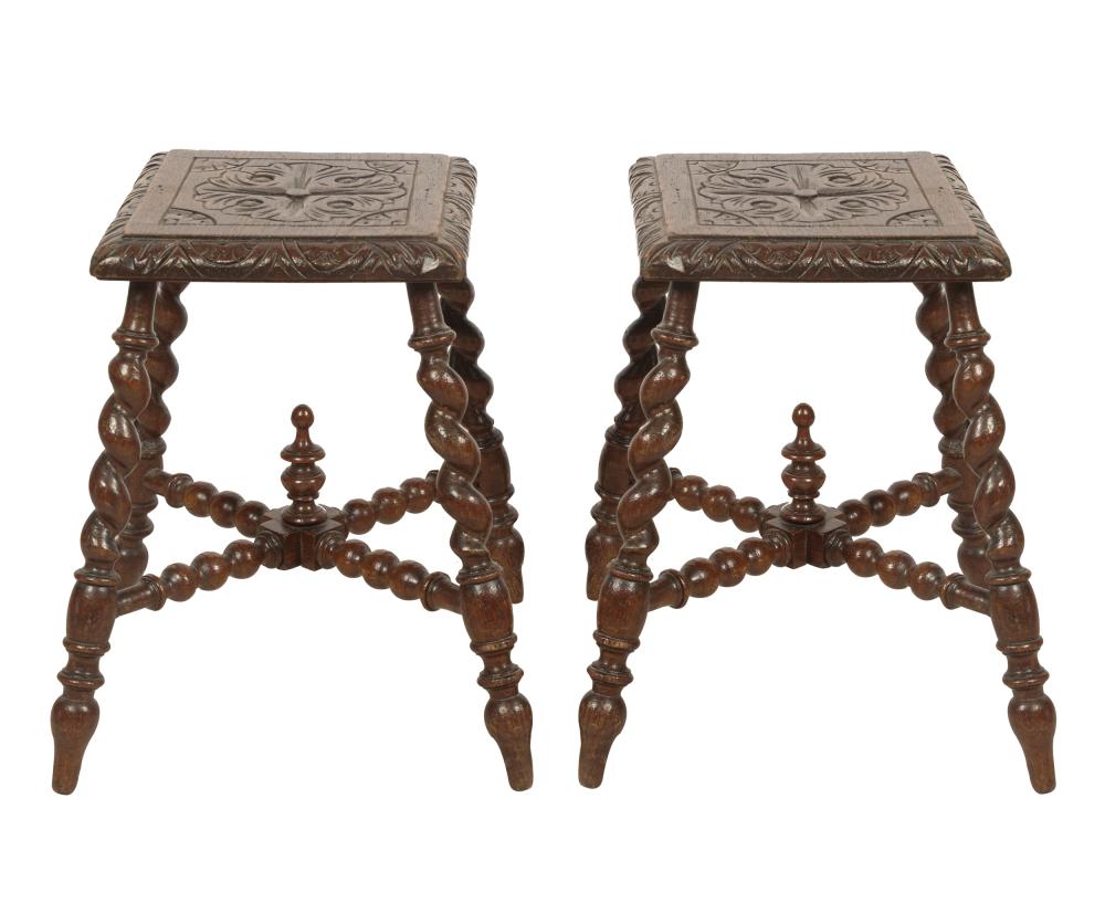 PAIR OF FRENCH CARVED OAK STOOLSeach
