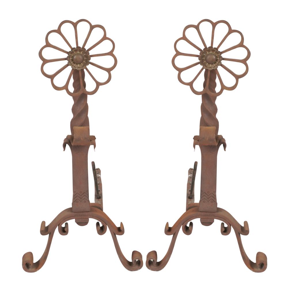 PAIR OF SPANISH REVIVAL-STYLE ANDIRONSwrought