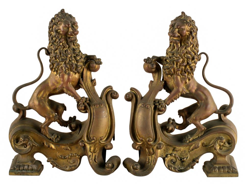PAIR OF BRONZE ANDIRONSmodeled as lions;