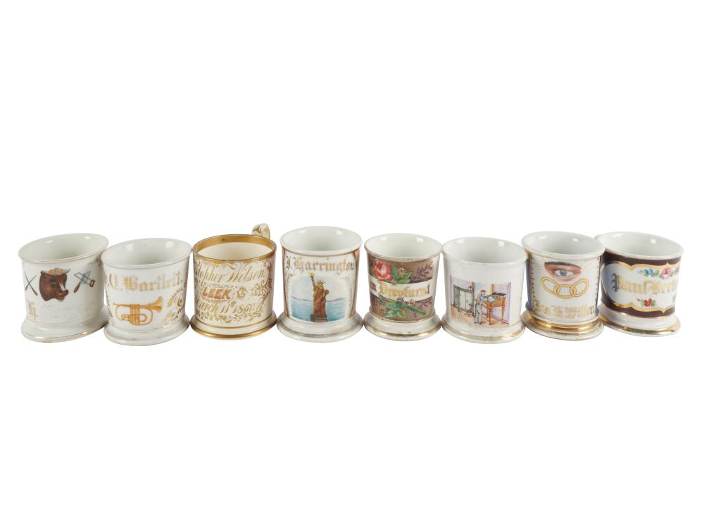 EIGHT PORCELAIN MOUSTACHE MUGSsome marked;