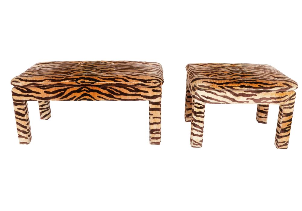 TWO FULLY UPHOLSTERED BENCHESanimal print 331c2a