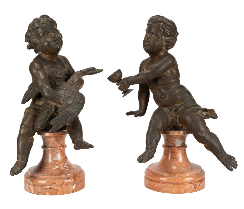 PAIR OF BRONZE & MARBLE CHERUB