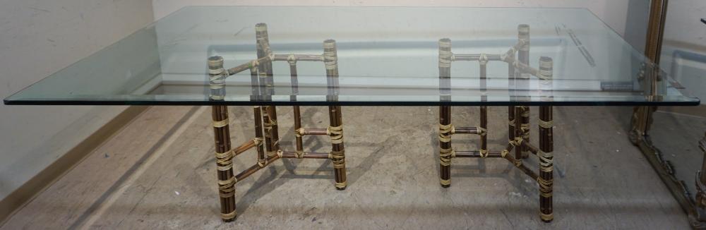 MODERN BAMBOO AND GLASS TOP DINING TABLE,